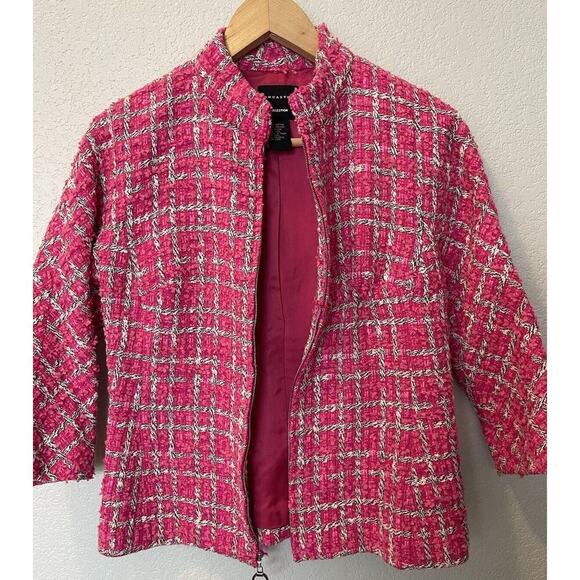 Doncaster Collection Hot Pink Tweed Black & White Weave Blazer Jacket Size 2 - Picture 3 of 11